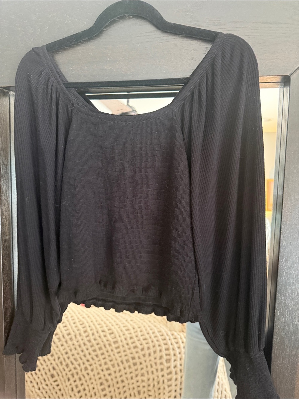 Catherine Malandrino Black Ribbed Long-Sleeve Square Neck Top